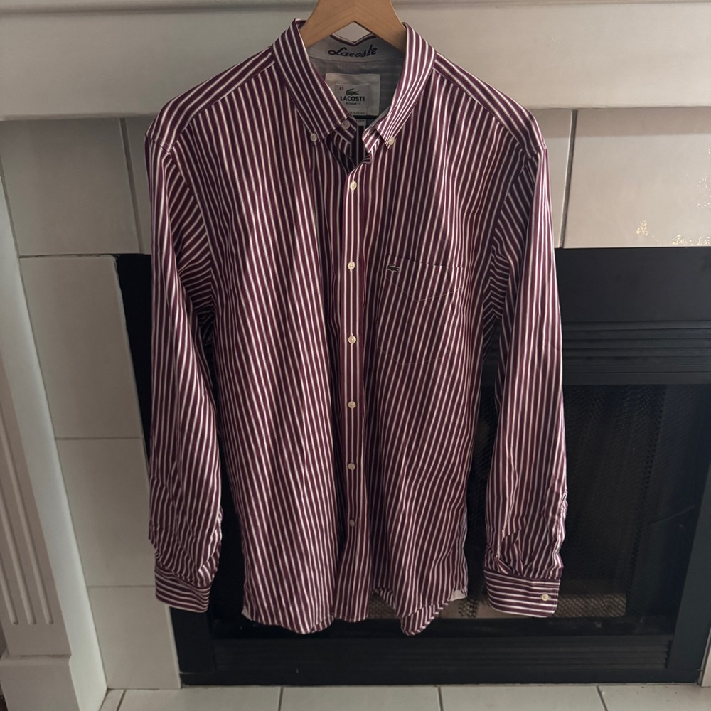 Lacoste Maroon & White Striped Button Down Long Sleeve Size 42
